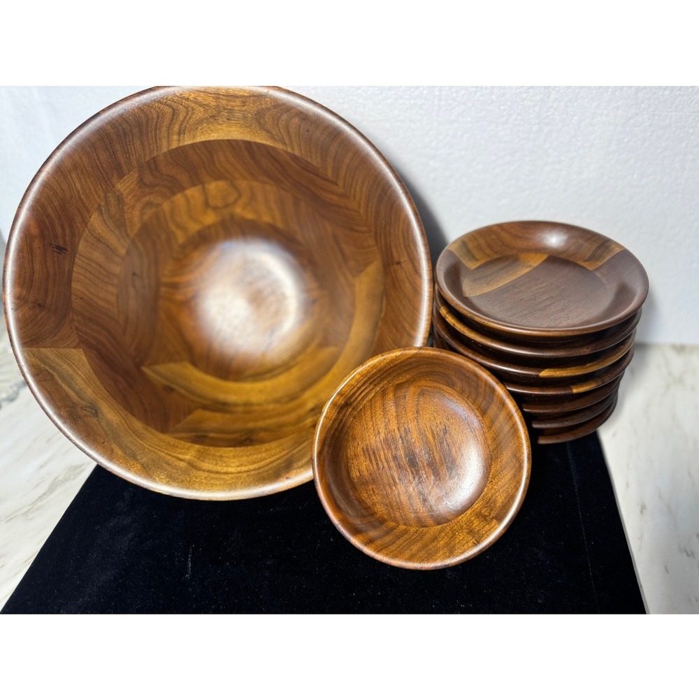 Vermillion Real Walnut Wood Salad Bowl Set 9pc Mid Century Modern Serving Set
